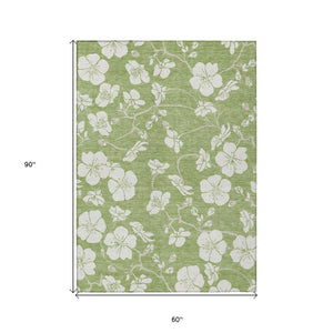 HomeRoots 5' Artichoke Green and Ivory Floral Area Rug - Durable, Washable, Indoor/Outdoor Style for Any Space 5' X 8' 599851