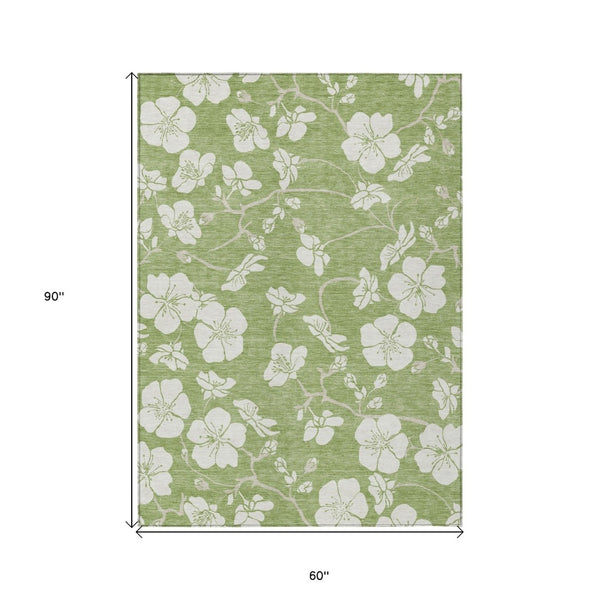 HomeRoots 5' Artichoke Green and Ivory Floral Area Rug - Durable, Washable, Indoor/Outdoor Style for Any Space 5' X 8' 599851