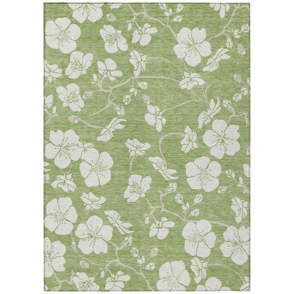 HomeRoots 5' Artichoke Green and Ivory Floral Area Rug - Durable, Washable, Indoor/Outdoor Style for Any Space 5' X 8' 599851