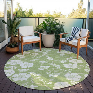 Homeroots 3' Stylish Floral Artichoke Green And Ivory Washable Area Rug For Indoor And Outdoor Spaces 8' Round Polyester 599852