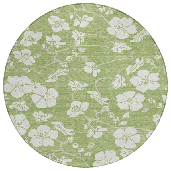 HomeRoots 5' Artichoke Green and Ivory Floral Area Rug - Durable, Washable, Indoor/Outdoor Style for Any Space 8' Round 599852