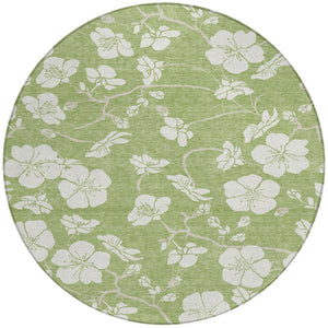 Homeroots 3' Stylish Floral Artichoke Green And Ivory Washable Area Rug For Indoor And Outdoor Spaces 8' Round Polyester 599852