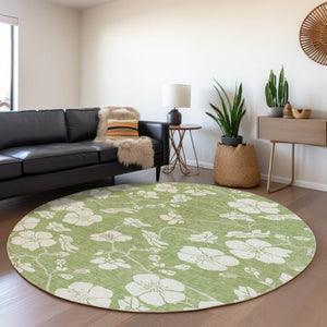 Homeroots 3' Stylish Floral Artichoke Green And Ivory Washable Area Rug For Indoor And Outdoor Spaces 8' Round Polyester 599852