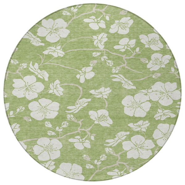 Homeroots 3' Stylish Floral Artichoke Green And Ivory Washable Area Rug For Indoor And Outdoor Spaces 8' Round Polyester 599852