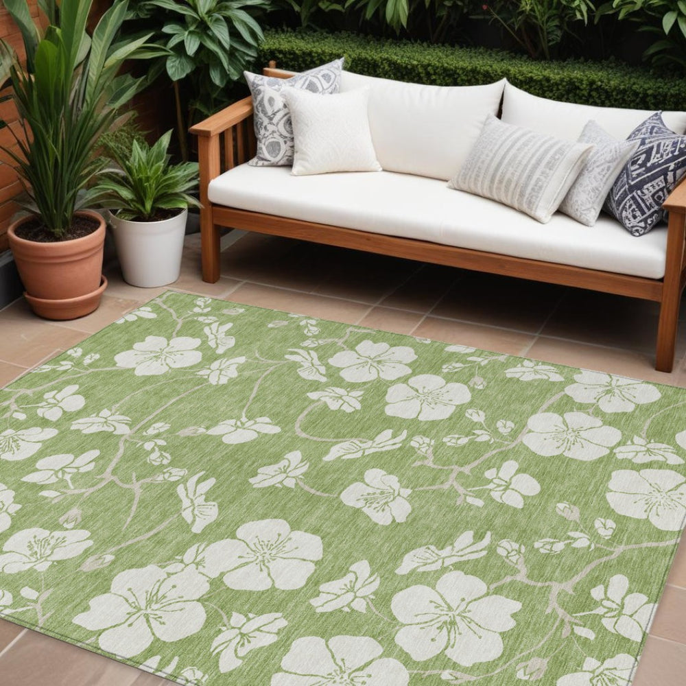 HomeRoots 5' Artichoke Green and Ivory Floral Area Rug - Durable, Washable, Indoor/Outdoor Style for Any Space 8' X 10' 599853