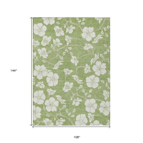 Homeroots 3' Stylish Floral Artichoke Green And Ivory Washable Area Rug For Indoor And Outdoor Spaces 9' X 12' Polyester 599854