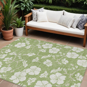 Homeroots 3' Stylish Floral Artichoke Green And Ivory Washable Area Rug For Indoor And Outdoor Spaces 9' X 12' Polyester 599854