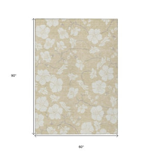 Homeroots 3' Stylish Floral Artichoke Green And Ivory Washable Area Rug For Indoor And Outdoor Spaces 5' X 8' Polyester 599857
