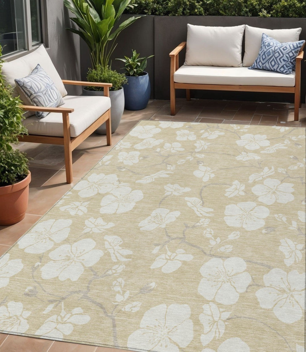 HomeRoots 5' Beige and Ivory Floral Rug - Durable, Washable Design for Indoor and Outdoor Spaces, Easy Care 5' X 8' 599857