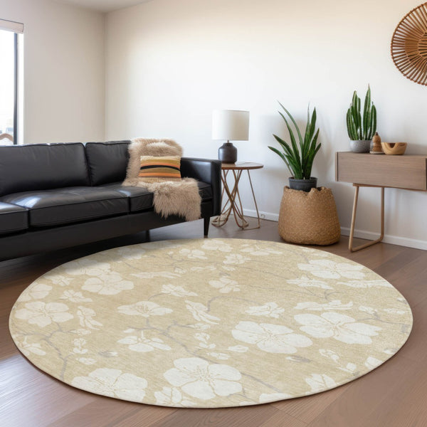 Homeroots 3' Stylish Floral Artichoke Green And Ivory Washable Area Rug For Indoor And Outdoor Spaces 8' Round Polyester 599858