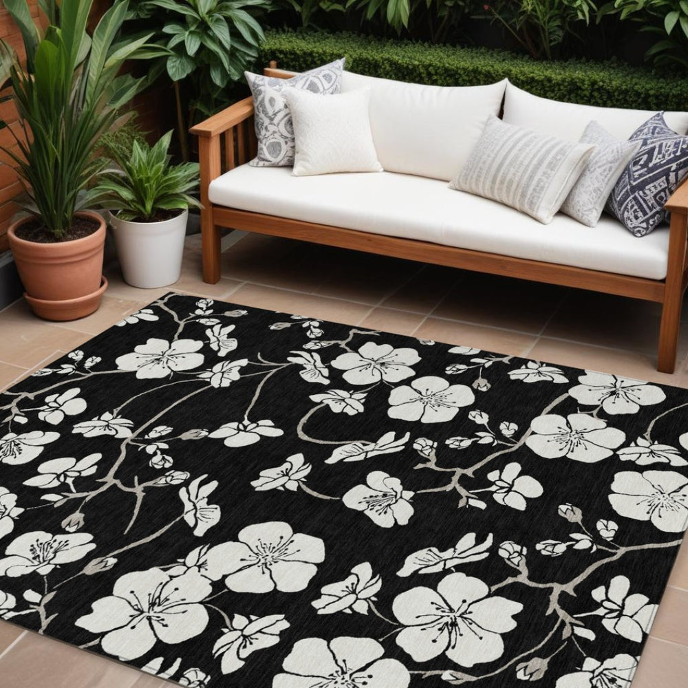 HomeRoots 9' X 12' Timeless Black Ivory Gray Floral Washable Area Rug - Durable, Stylish, Indoor/Outdoor Use 599866
