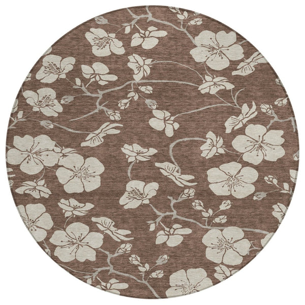 HomeRoots 5' Floral Area Rug - Stylish Brown & Beige Design, Washable, Durable for Indoor & Outdoor Spaces 8' Round 599870