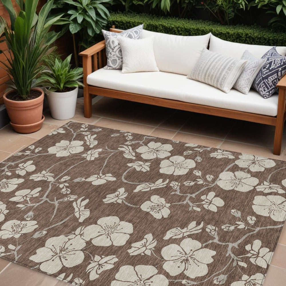 HomeRoots 9' X 12' Floral Washable Area Rug - Durable Brown and Beige Design for Indoor & Outdoor Spaces 599872