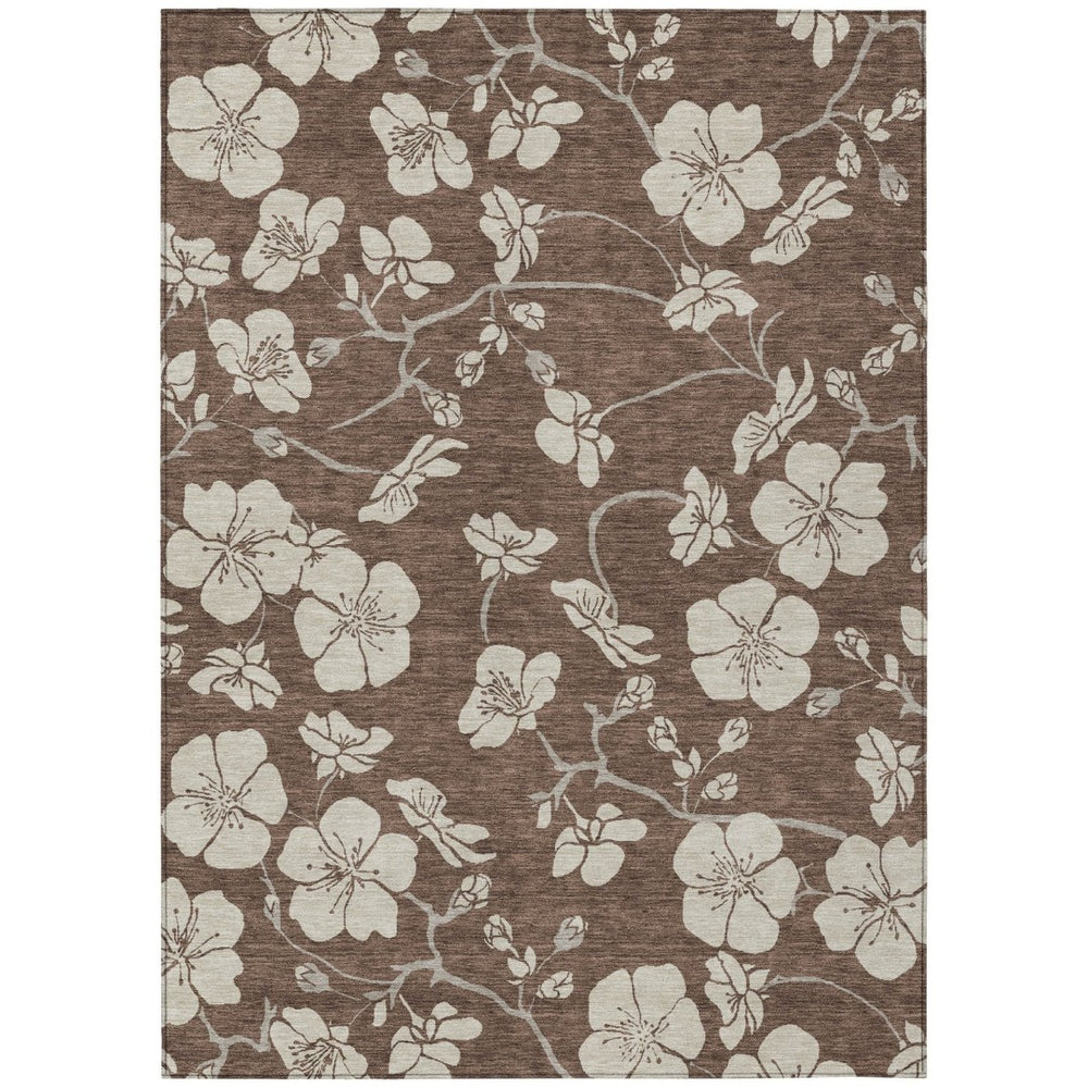 HomeRoots 9' X 12' Floral Washable Area Rug - Durable Brown and Beige Design for Indoor & Outdoor Spaces 599872