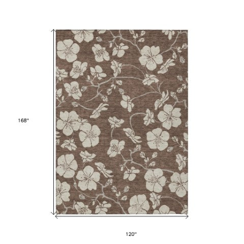 Homeroots 3' Stylish Floral Artichoke Green And Ivory Washable Area Rug For Indoor And Outdoor Spaces 10' X 14' Polyester 599873