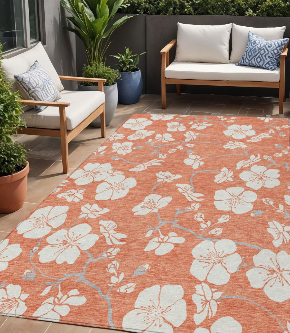 HomeRoots 5' Coral Ivory and Gray Floral Area Rug - Durable, Washable Indoor Outdoor Design for Any Space 5' X 8' 599875