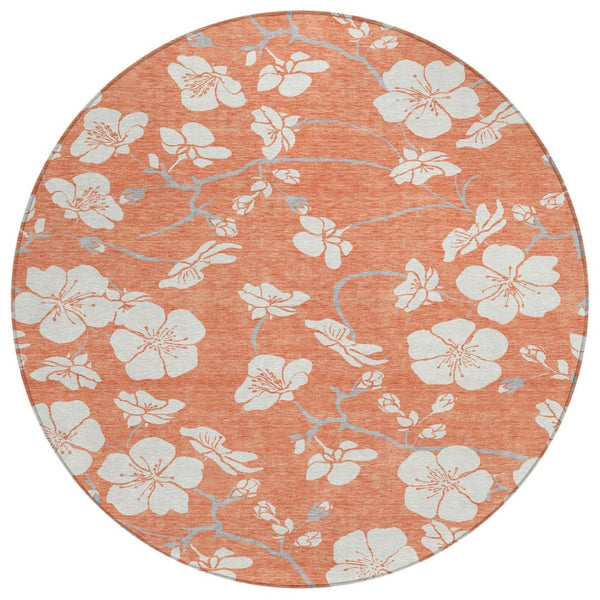 HomeRoots 5' Coral Ivory and Gray Floral Area Rug - Durable, Washable Indoor Outdoor Design for Any Space 8' Round 599876