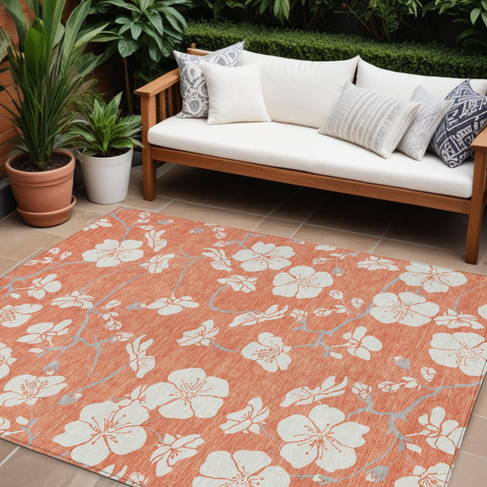 HomeRoots 9' X 12' Coral Ivory Gray Floral Area Rug - Washable, Durable, Perfect for Indoor & Outdoor Spaces! 599878