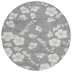 HomeRoots 5' Gray and Ivory Floral Washable Area Rug - Perfect for Indoor and Outdoor Spaces, Easy Care & Stylish 8' Round 599888
