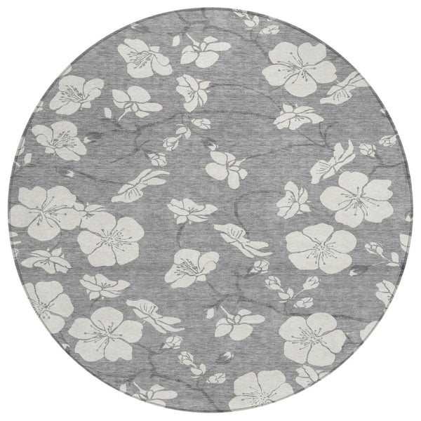 HomeRoots 5' Gray and Ivory Floral Washable Area Rug - Perfect for Indoor and Outdoor Spaces, Easy Care & Stylish 8' Round 599888