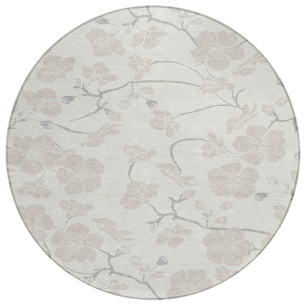 HomeRoots 5' Timeless Ivory and Gray Floral Indoor Outdoor Area Rug - Durable, Washable, Elegant Design for All Spaces 8' Round 599894