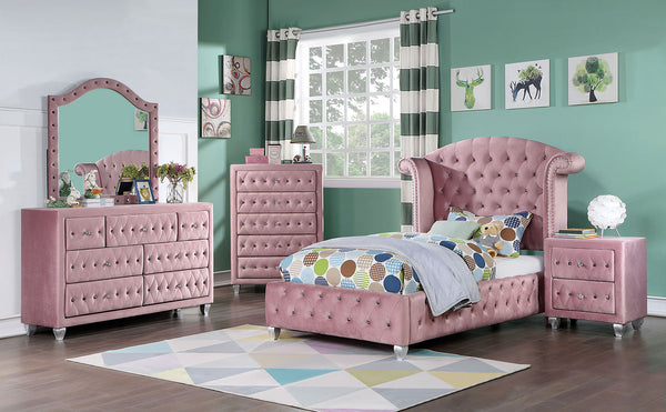 English Elm Glam Oversized Wingback Tufted Flannelette Queen Bed with Nailhead Trim, Crystal Accents, Cabriole Legs Pink 63 L x 37.5 W x 5 H B2741S00052