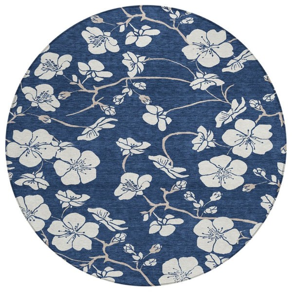 HomeRoots 5' Navy Blue and Ivory Floral Area Rug – Stylish, Washable Design for Indoor and Outdoor Spaces 8' Round 599900