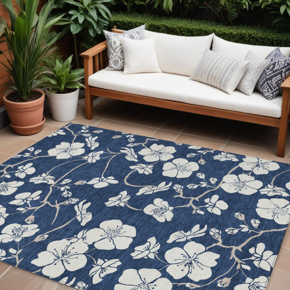 HomeRoots 9' X 12' Navy Blue Floral Area Rug - Stylish, Washable, Durable for Indoor & Outdoor Spaces, Easy Care 599902