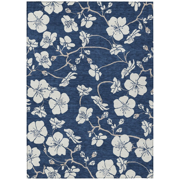 HomeRoots 5' Navy Blue and Ivory Floral Area Rug – Stylish, Washable Design for Indoor and Outdoor Spaces 10' X 14' 599903