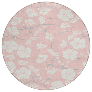 HomeRoots 5' Elegant Floral Area Rug in Pink, Ivory & Gray – Durable, Washable for Indoor & Outdoor Use 8' Round 599906