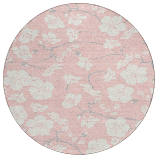 HomeRoots 5' Elegant Floral Area Rug in Pink, Ivory & Gray – Durable, Washable for Indoor & Outdoor Use 8' Round 599906