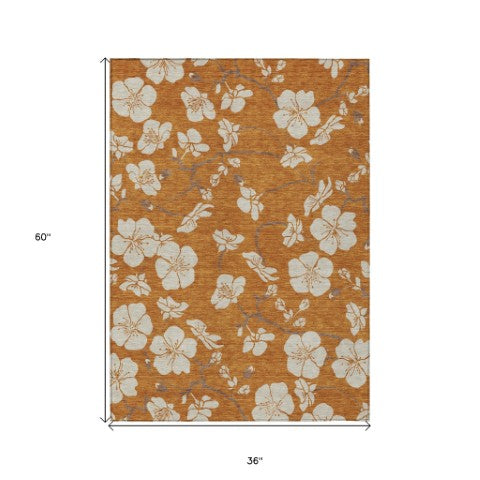 Homeroots 3' Stylish Floral Artichoke Green And Ivory Washable Area Rug For Indoor And Outdoor Spaces 3' X 5' Polyester 599910