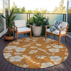 Homeroots 3' Stylish Floral Artichoke Green And Ivory Washable Area Rug For Indoor And Outdoor Spaces 8' Round Polyester 599912