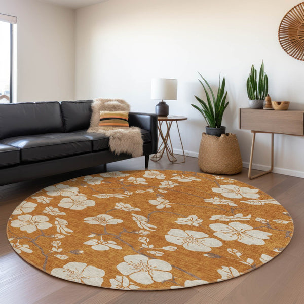 Homeroots 3' Stylish Floral Artichoke Green And Ivory Washable Area Rug For Indoor And Outdoor Spaces 8' Round Polyester 599912