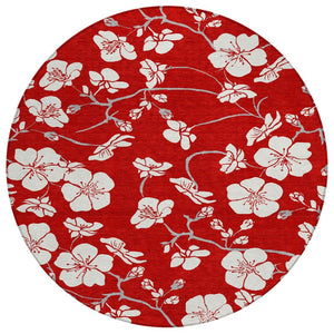HomeRoots 5' Floral Indoor Outdoor Area Rug - Durable, Washable Red, Ivory & Gray Design for All Spaces 8' Round 599918