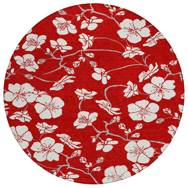 HomeRoots 5' Floral Indoor Outdoor Area Rug - Durable, Washable Red, Ivory & Gray Design for All Spaces 8' Round 599918