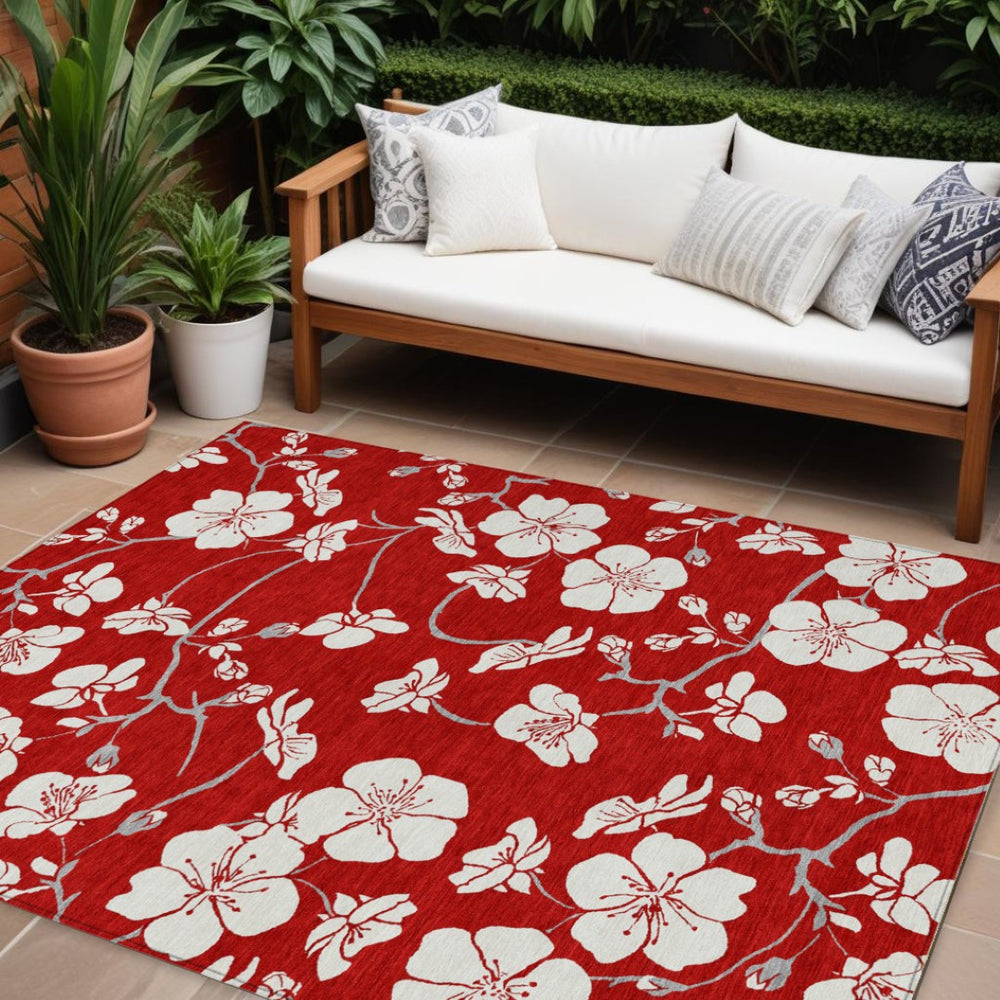 HomeRoots 9' X 12' Red Ivory Gray Floral Area Rug - Durable, Washable, Indoor/Outdoor Perfect for Any Space! 599920