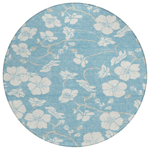 HomeRoots 5' Sky Blue and Ivory Floral Indoor Outdoor Area Rug - Durable, Washable, Stylish for Any Space 8' Round 599924
