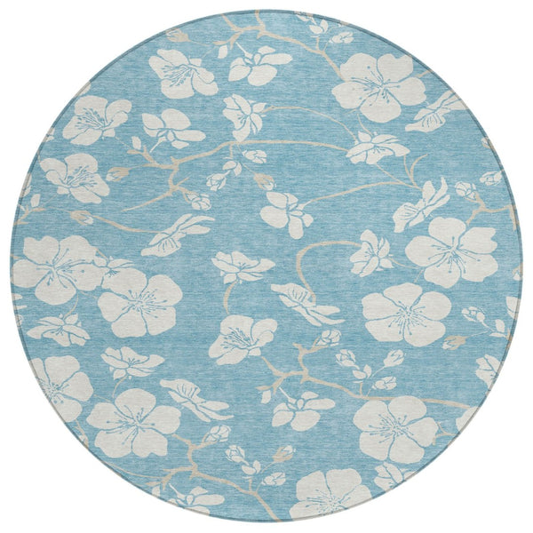 HomeRoots 5' Sky Blue and Ivory Floral Indoor Outdoor Area Rug - Durable, Washable, Stylish for Any Space 8' Round 599924