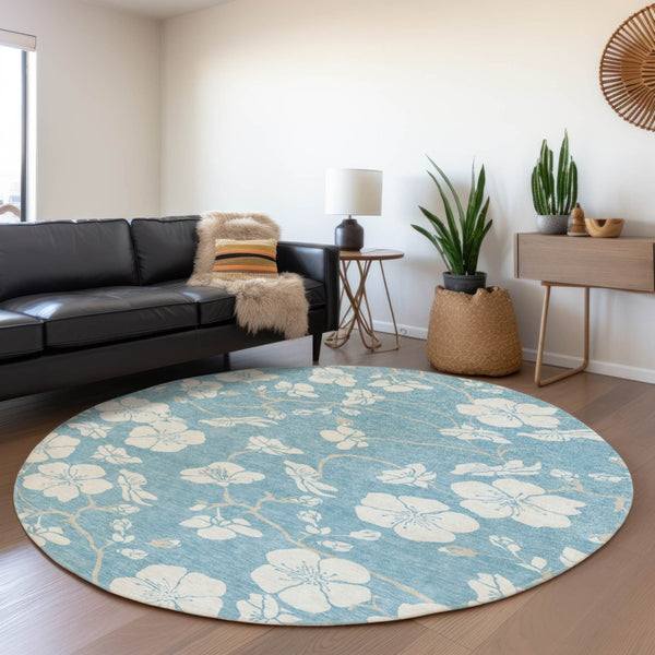Homeroots 3' Stylish Floral Artichoke Green And Ivory Washable Area Rug For Indoor And Outdoor Spaces 8' Round Polyester 599924