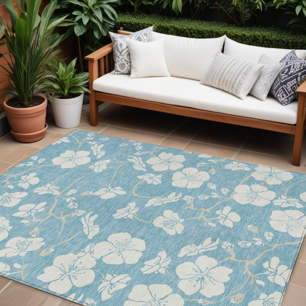 HomeRoots 5' Sky Blue and Ivory Floral Indoor Outdoor Area Rug - Durable, Washable, Stylish for Any Space 10' X 14' 599927