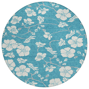 HomeRoots 5' Elegant Turquoise Ivory Gray Floral Area Rug - Durable, Machine Washable for Indoor & Outdoor Use 8' Round 599930