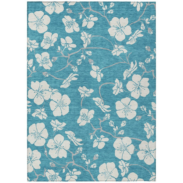 HomeRoots 5' Elegant Turquoise Ivory Gray Floral Area Rug - Durable, Machine Washable for Indoor & Outdoor Use 8' X 10' 599931