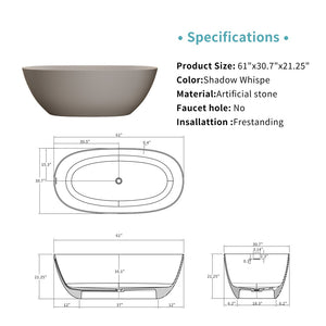 English Elm 61'' Freestanding Stone Resin Soaking Tub Ergonomic Basin Spa Bathroom White Beige W2753P340396