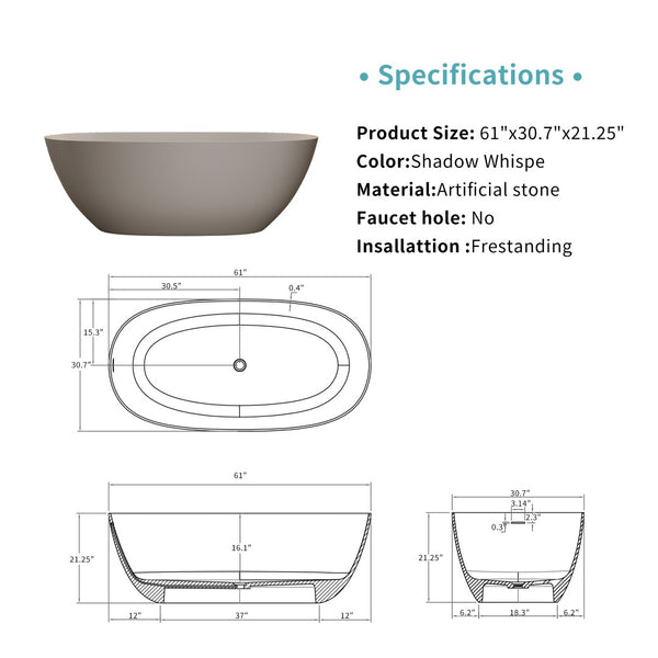 English Elm 61'' Freestanding Stone Resin Soaking Tub Ergonomic Basin Spa Bathroom White Beige W2753P340396