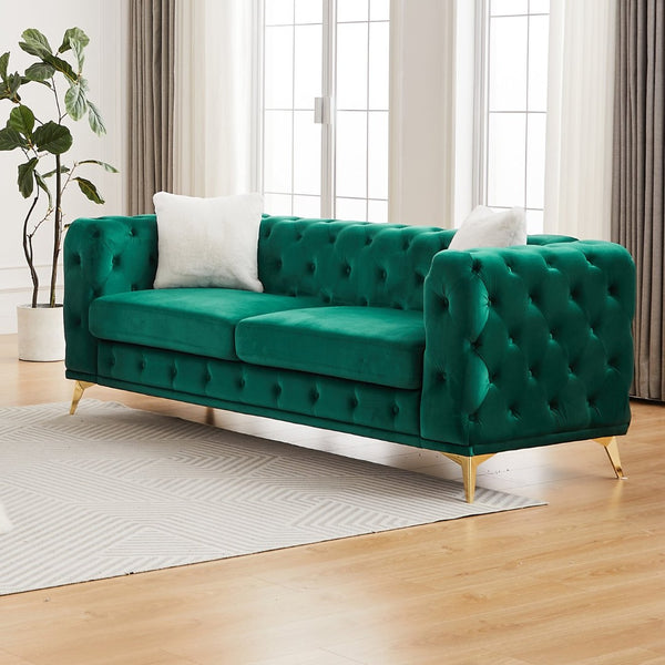 English Elm Fx Chesterfield Velvet Sofa with Diamond Tufting Polished Legs and Accent Pillows Green W1926S00081