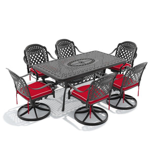 English Elm 7-piece Outdoor Cast Aluminum Dining Set Ornate Relief Patio Table Six Swivel Chairs W1710S00320