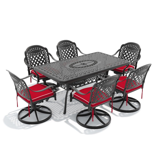 English Elm 7-piece Outdoor Cast Aluminum Dining Set Ornate Relief Patio Table Six Swivel Chairs W1710S00320