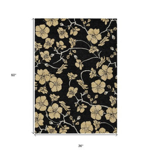 Homeroots 3' Black And Gold Floral Washable Area Rug For Indoor And Outdoor Use – Durable And Stylish Design 3' X 5' Polyester 599994