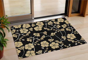 Homeroots 3' Black And Gold Floral Washable Area Rug For Indoor And Outdoor Use – Durable And Stylish Design 3' X 5' Polyester 599994